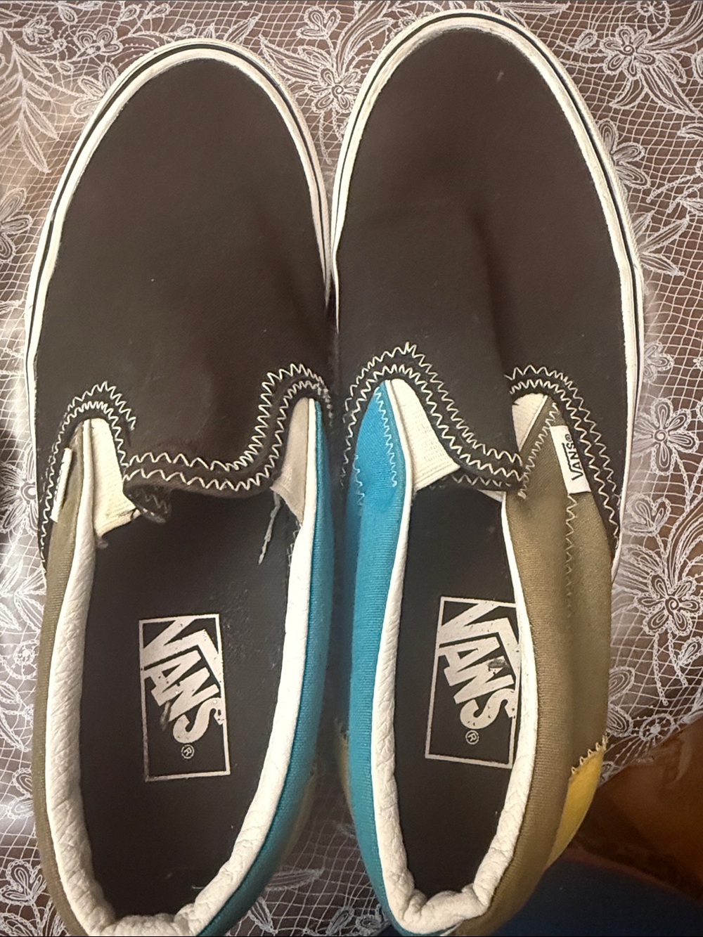Vans Men's Black Canvas Slip-Ons with Blue and Olive Panels